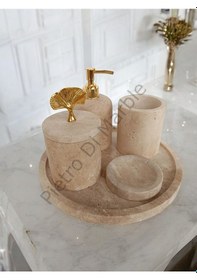 Resim Sarı Traverten Klasik Model 5 Parça Gold Renk Japon Gülü Aksesuarlı Banyo Seti Sarı Traverten 