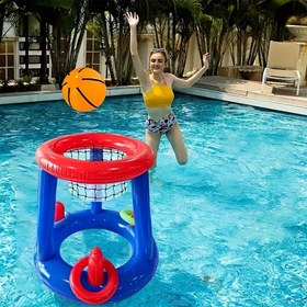 Resim Kolay Parti Şişme Basketbol Standı Seti 3 Halka ve Bir Basketbol Halkası İçerir, Dayanıklı PVC Malzeme, Mavi, Havuz Plajı Açık Hava Oyunları İçin Uygun, Aile Eğlencesi 