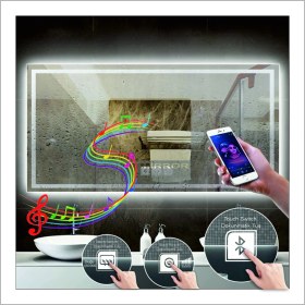 Resim Dnr-Mirror70x90 Cm Beyaz Ledli Tasarım Kumlamalı Dokunmatik Bluetoothlu Buğu Önleyicili Makyaj Banyo Aynası 