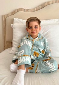 Resim Pollito Unisex Çocuk Önü Düğmeli Mavi Ayıcık Sleep Desenli 2 Parça Pijama takımı 
