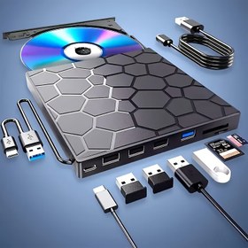 Resim 1 Adet Siyah Harici CD DVD Sürücü, USB 2.0 İnce Taşınabilir Harici CD-RW Yazıcı Oynatıcı, Dizüstü Laptop ve Masaüstü Bilgisayar için DVD-RW Yazıcı, 8'li 1 Arada Ultra İnce USB 3.0 Portatif CD/DVD Sürücü 