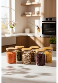 Resim Snippy Melo - 6'lı Bambu Vakum Kapaklı Büyük Boy Cam Saklama Kabı Seti Bakliyat Erzak Kavanozu 1050 Ml Şeffaf 