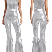 Resim Kadın Kemer Renk Bloklu Jumpsuit, Disko Tarzı Esnek Kulüp Giyim Cosplay Karnaval Kostümü Moda Çift Katmanlı Geniş Dar Uyumlu Bodysuit 