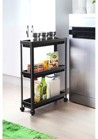 Resim 3 Katlı Tekerlekli Beyaz Mutfak Rafı, Kitaplık, Düzenleyici Raf Siyah 