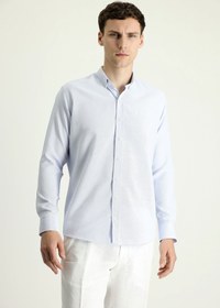 Resim Uçuk Mavi Uzun Kol Slim Fit Dar Kesim Desenli Spor Pamuklu Kolay Ütülenebilir Düğmeli Yaka Gömlek 