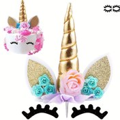 Resim 3'lü Set: Kirpikli Unicorn Kek Süsü, Doğum Günü Parti Malzemeleri Altın Unicorn Boynuzu Kek Süsü, Doğum Günü Kek Süslemeleri için Unicorn Doğum Günü Dekorasyonları Tabanlı 