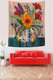 Resim Pelangi Çaydanlıktaki Çiçekler Ve Kelebek Vintage Tema Leke Tutmaz Kumaş Duvar Örtüsü Duvar Halısı Tapestry PNTR017, 70 x 70 