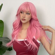 Resim Pembe Uzun Dalgalı Saç Peruklar, Kadınlar ve Kızlar İçin Günlük Parti ve Cosplay Kullanımı İçin 60.96 cm Müzik Festivali 