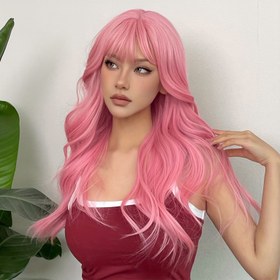 Resim Pembe Uzun Dalgalı Saç Peruklar, Kadınlar ve Kızlar İçin Günlük Parti ve Cosplay Kullanımı İçin 60.96 cm Müzik Festivali 