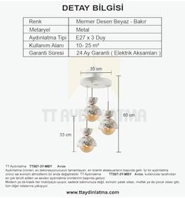 Resim TT AYDINLATMA Tt007-3y Mby Mermer Desen 3 Lü Yuvarlak Beyaz Lüks Avize Beyaz 