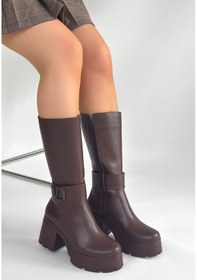 Resim Kadın Kahverengi Fermuarlı Yüksek Kalın Topuklu Çizme - Moki Çok Renkli 