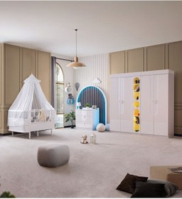 Resim Vira Çocuk Odası Takımı, Vira 4 Kapaklı Dolap, Yıldız Büyüyen Beşik, Şifonyer, Kitaplık Beyaz 