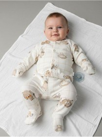 Resim Zekids Bebek Pamuklu Eldivenli Üst Ve Patikli Altlı Pijama Takımı-16787 Bej 