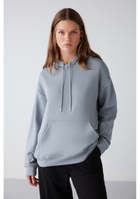 Resim Grimelange Adel Kadın Organik Pamuklu Içi Polarlı Yumuşacık Relaxed Kanguru Cepli Kapüşonlu Mavi Sweatshirt 