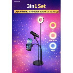 Resim Coverzone 3İn1 Youtube Set Cep Telefonu & Mikrofon Tutucu Ve Selfie Işığı 