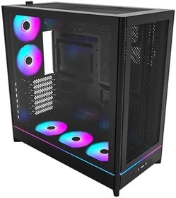 Resim MONTECH HS01 PRO, ATX Mid-Tower PC Kasası, Oyun Bilgisayarı, Yüksek Hava Akışı, Ters Çevrilebilir Düzen, Mesh Ön Panel, 5X ARGB PWM Fan Önceden Yüklenmiş, Gömme Tasarım, Aletsiz Paneller, Siyah 