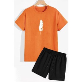 Resim Tüy Baskılı Şort T-shirt Eşofman Takımı Turuncu 