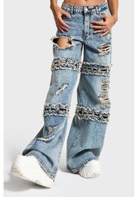 Resim Itsbasic Kadın Kot Rengi Palazzo Fit Yırtık Detaylı Tasarım Denim Jean Mavi 