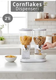 Resim 2 Li Cornflakes Dispenseri 7 L Çift Hazneli Müsli Granola Kuruyemiş Kahvaltı Tahılları Sunum Aparatı Beyaz 