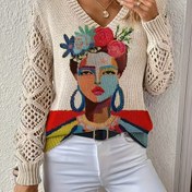 Resim Şık sonbahar, kış, ilkbahar ve yaz mevsimi için boho tarzı, trend çok yönlü V yaka uzun kollu kadın üstü, karakter baskılı dijital desenli örgü giyim, ofis, sokak stili ve seyahat kıyafetleri için vazgeçilmez 