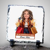 Resim Alışveriş Delisi Anne Karikatürlü Taş Baskı 