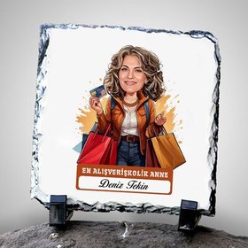 Resim Alışveriş Delisi Anne Karikatürlü Taş Baskı 