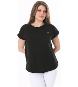 Resim Kadın Büyük Beden Siyah Rahat Kesim Göğüs Cepli Kısa Kollu Bluz 65n37856-siyah Siyah 