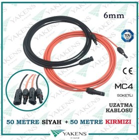 Resim Güneş Paneli Uzatma Kablosu 50m+50m 6mm Çift Taraflı Mc4 Soketli Solar Ara Kablo Siyah Kırmızı 