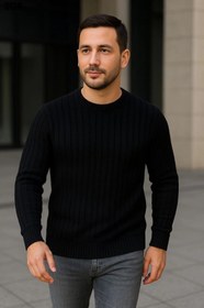 Resim Erkek Fitilli Triko Kazak 3lü Set Bej Bebek Mavisi SiyahKalın Dokuma Pamuklu Regular Fit Bisiklet Yaka Uzun Kollu Kışlık ve Baharlık Rahat Triko Kombini 