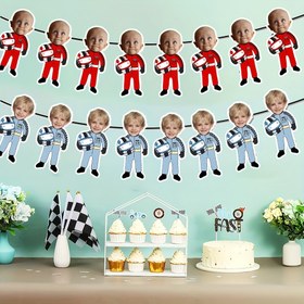 Resim 8 Adet Özel Fotoğraflı Yarış Arabası Banner, Kişiye Özel Yüzli Yarış Arabası Doğum Günü Partisi Bayrakları, Hızlı Tek Temalı/İki Hızlı Temalı Parti Kutlama Aksesuarları için Mükemmel, Yarış Arabası Doğum Günü Partisi Süslemeleri, Doğum Günü Partisi Süslemeleri, Parti Süslemeleri 