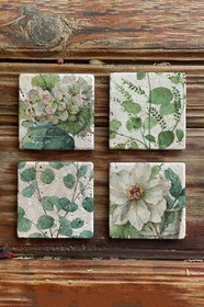 Resim Oscar Stone Decor Taş Bardak Altlığı Stone Coasters - Yeşil Çiçek Seti Ba-588 