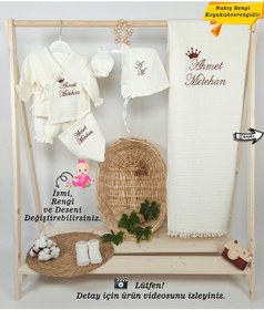 Resim Gros Shop 4katlı Müslin Kumaş 7 Parça Alt-üst Set %100pamuk Hastane Çıkışı Kişiye Özgü İsimli Nakış Desenli Ekru 