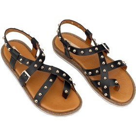 Resim Elit Oriana Kadın Hakiki Deri Düz Sandalet Siyah Siyah 