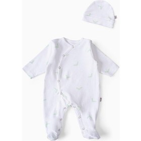 Resim Boumini Bebek Patikli Tulum Şapka Set Beyaz Desenli Yeşil Tik Yeşil 