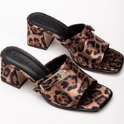 Resim Büyük Beden Kadın Topuklu Terlik Leopar Saten Yüzlü Taşlı Tokalı-3883 Leopar 