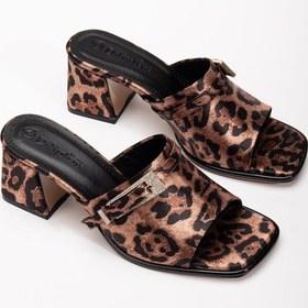 Resim Büyük Beden Kadın Topuklu Terlik Leopar Saten Yüzlü Taşlı Tokalı-3883 Leopar 