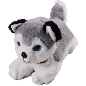 Resim Havlayan Sesli Köpek Peluş Oyuncak Uyku Arkadaşı Hediyelik Peluş Yatan Köpek 35 Cm Gri 