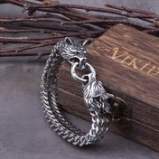 Resim Erkekler için Viking Kurt Başlı Zincir Bilezik - Paslanmaz Çelikten Örüşen Kurtlar Tasarımı, Vintage İskandinav Takıları Halloween ve Noel Hediyeleri için, Günlük & Parti Kullanımına Dayanıklı, Kurt Takısı, Sembolik Aksesuar, Cilalı Yüzey, Tatil Hediyeleri, Sağlam Tarz, Yüksek Kaliteli Metal, Erkek Modası 