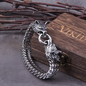 Resim Erkekler için Viking Kurt Başlı Zincir Bilezik - Paslanmaz Çelikten Örüşen Kurtlar Tasarımı, Vintage İskandinav Takıları Halloween ve Noel Hediyeleri için, Günlük & Parti Kullanımına Dayanıklı, Kurt Takısı, Sembolik Aksesuar, Cilalı Yüzey, Tatil Hediyeleri, Sağlam Tarz, Yüksek Kaliteli Metal, Erkek Modası 