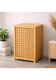 Resim Kalın Ahşap Bambu Kirli Çamaşır Sepeti Kumaş Çantalı Sepet 40x40x58cm 5468 Çok Renkli 