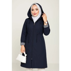 Resim Azm Moda Bondit Kumaş Içi Çizgili Kapüşonlu Astarsız Lacivert Uzun Yağmurluk 