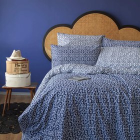 Resim Classy Lacivert Geometrik Zincir Desenli %100 Pamuklu Nevresim Seti - Battal Boy / Lacivert 