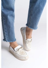 Resim Lıly Bağcıksız Ortopedik Rahat Taban Çiçek Desenli Kadın Babet Ayakkabı Kt - Beyaz Beyaz 