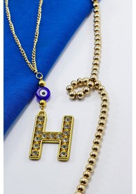 Resim Gold Renkli Parlak Taşlı Yassı Cam Nazar Boncuklu H Harfi Araba D 