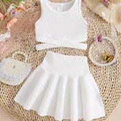 Resim Kız Çocuğu İçin Çapraz Askılı Düz Tank Top + A Kesim Etek - Bahar ve Yaz Rahat Şirin Günlük Dış Mekan Kıyafeti, Hediye Olarak 