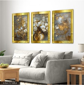 Resim Evinemoda Gold Vazoda Beyaz Çiçek 3 Parça Pleksi Aynalı Tablo 
