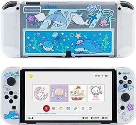 Resim GeekShare Protective Case Slim Cover Case Compatible with Nintendo Switch OLED Console and Joy Con, Shock-Absorption and Anti-Scratch Cover Skin for Switch OLED 2021- Shark Party (Clear) 