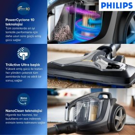 Resim Philips Phılıps Marathon Ultimate Toz Torbasız Elektrikli Süpürge, Powercyclone 10, Triactive Ultra Başlık, Nanoclean, Allergy H13 Filtre, Mutfak Terazisi Hediye 