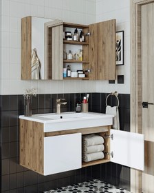 Resim RoomArt Lavabolu Atlantik-beyaz Mat Mdf 85 Cm Banyo Alt Dolap + Aynalı Üst Dolap 