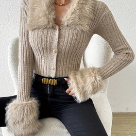 Resim Faux Fur Laple Düğmeli Ön Hırka, Zarif Örgü Uzun Kollu Sıcak Giyim Sonbahar & Kış İçin, Kadın Giyim 